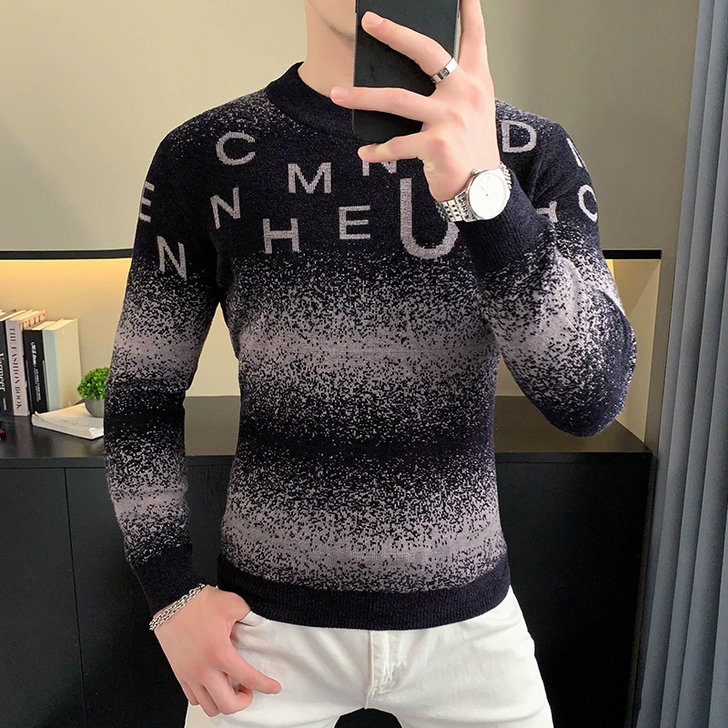 Turtleneck Sweater Men - سترة مخملية جاكار بأحرف كورية للرجال